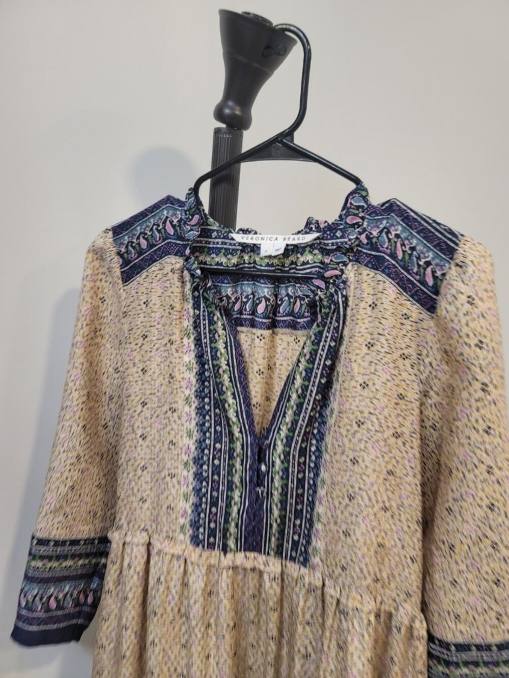 Veronica Beard Ruffle Mini Dress Lumi Beige/Multi Printed Silk Size 4 - Picture 3 of 8